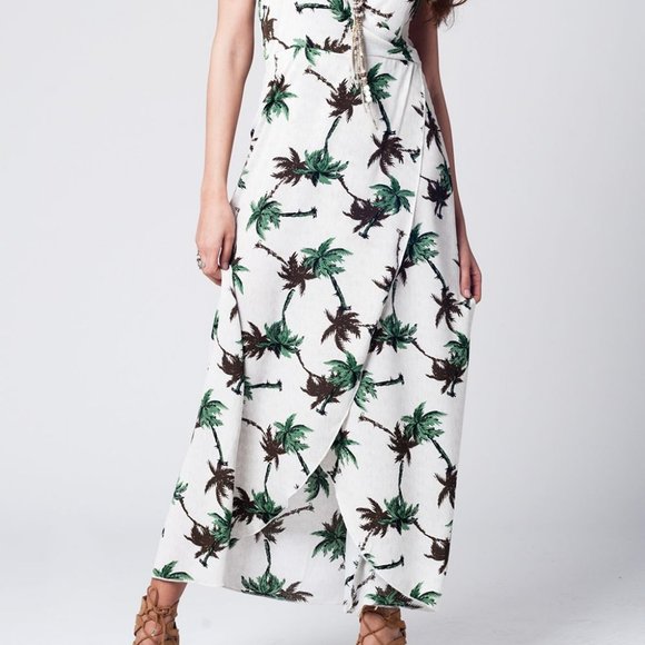 Q2 Long Cream Palm Tree Dress w/ Deep Neckline - Picture 2 of 6